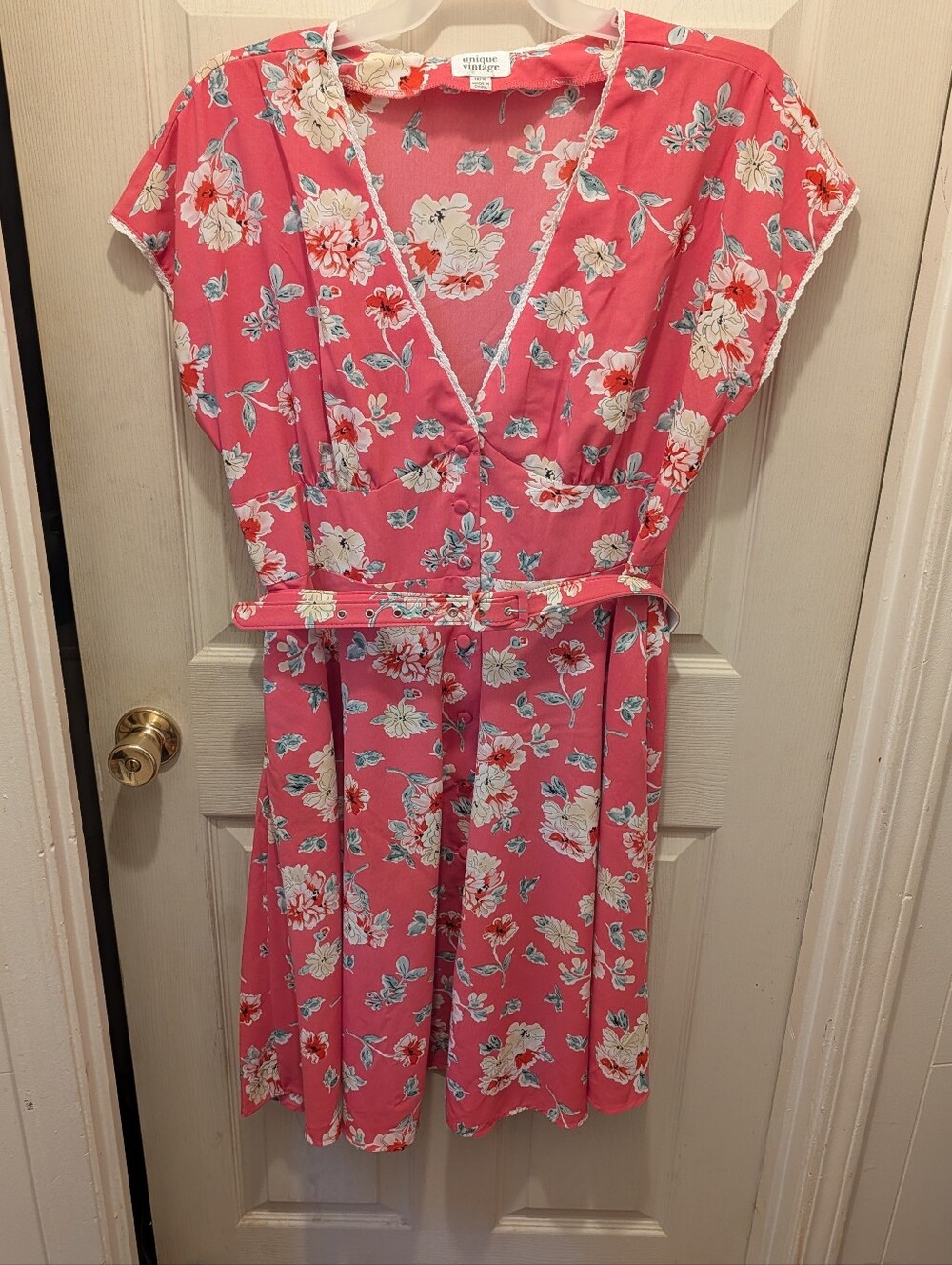 Unique Vintage Plus XL Pink Floral Midi Dress Belted Fit & Flare Vintage Style